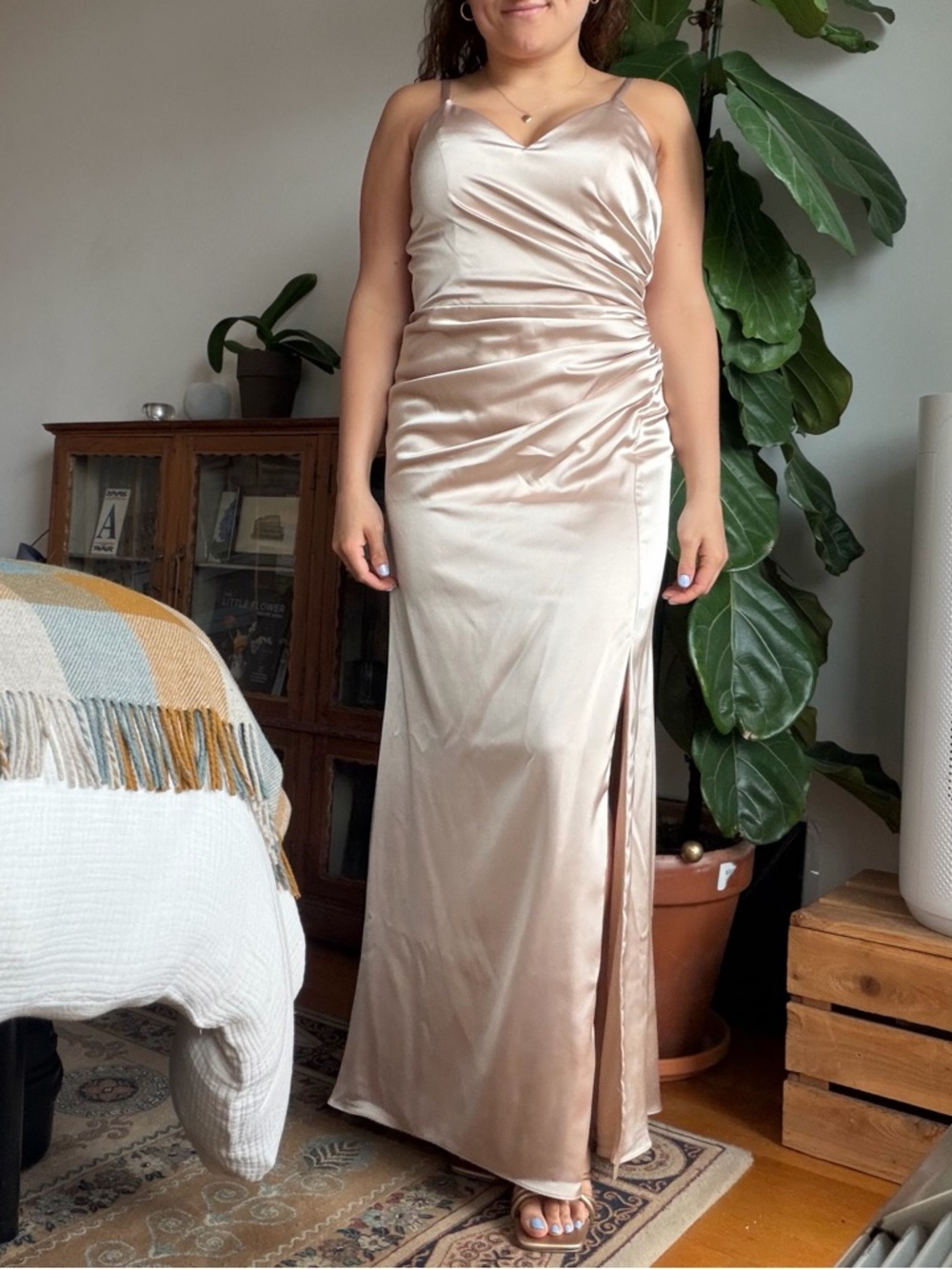 Revelry Rory Satin Dress, size 6 in Gold Champagne